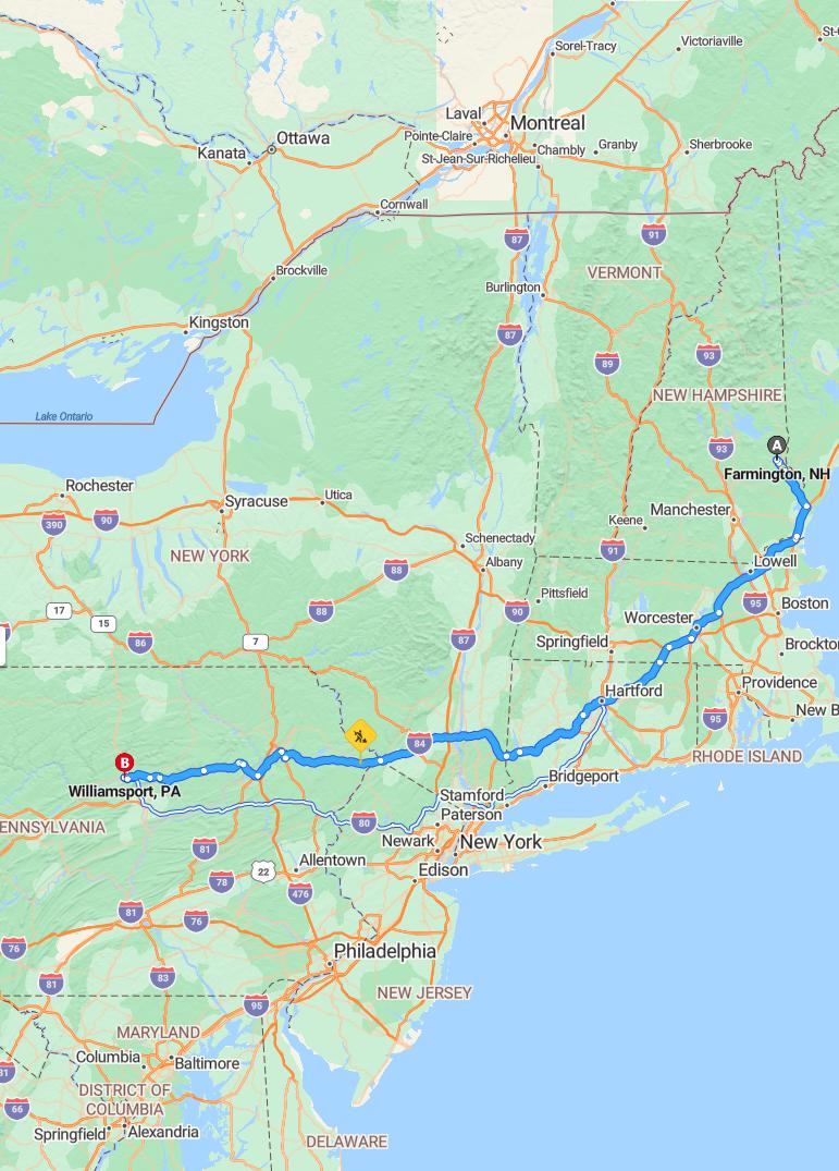 driving from Farmington, New Hampshire to WilliamsportPennsylvania - map and route