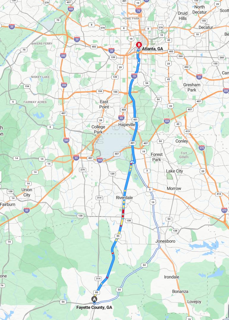 driving from Fayette County, Georgia to AtlantaGeorgia - map and route