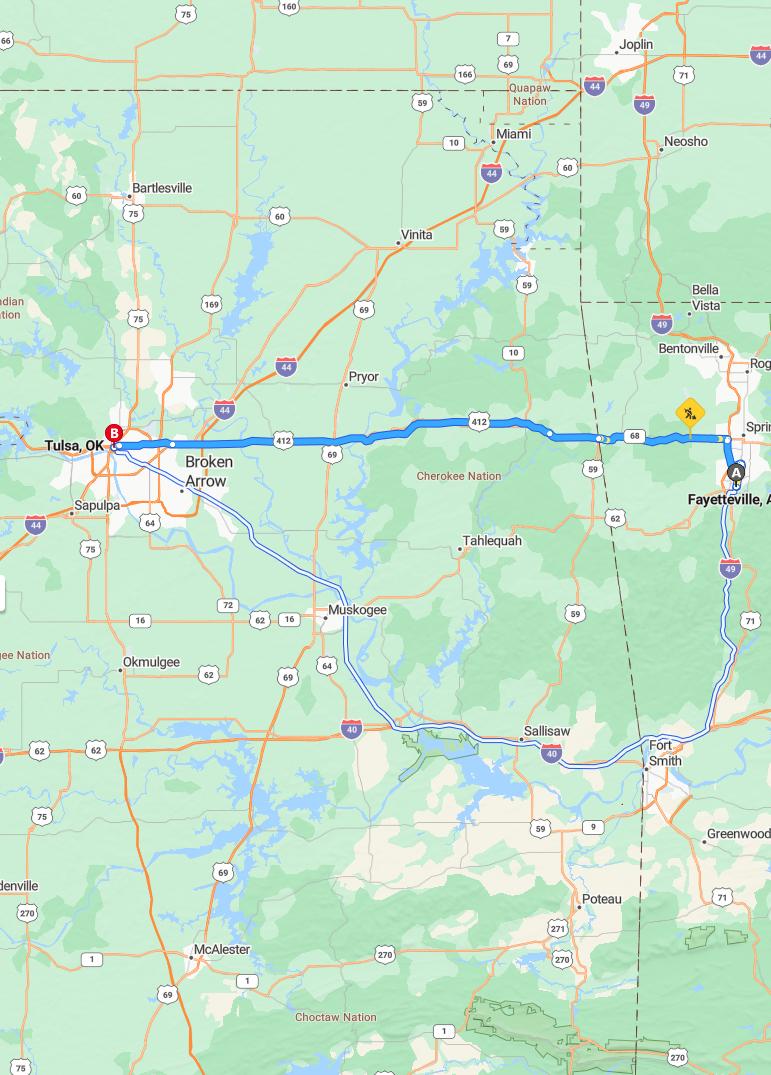 driving from Fayetteville, Arkansas to TulsaOklahoma - map and route