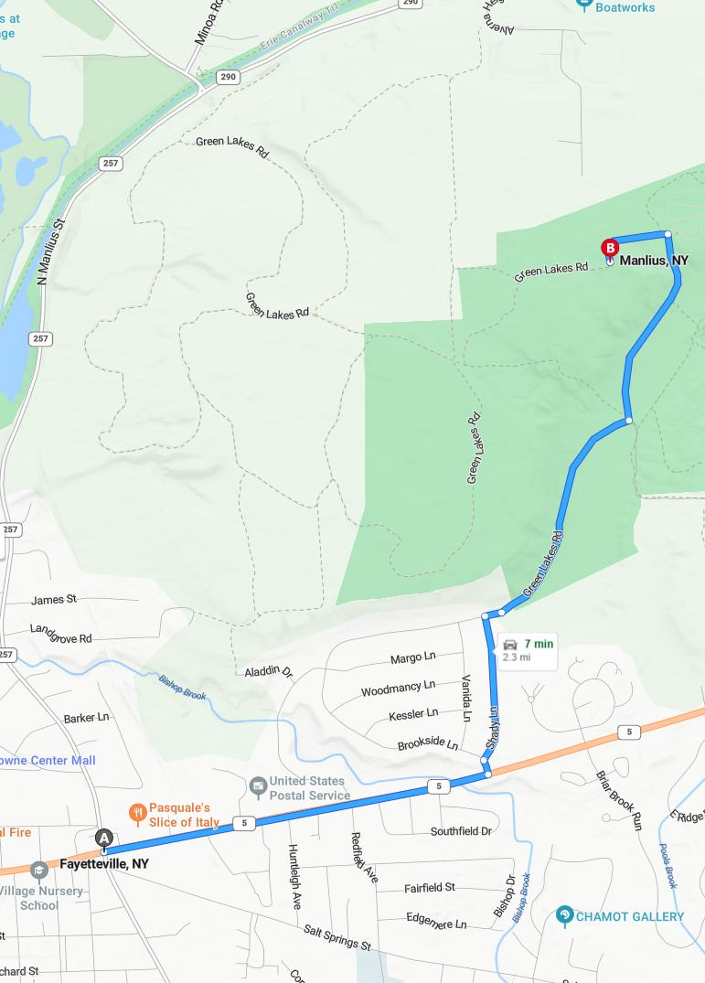 driving from Fayetteville, New York to ManliusNew York - map and route
