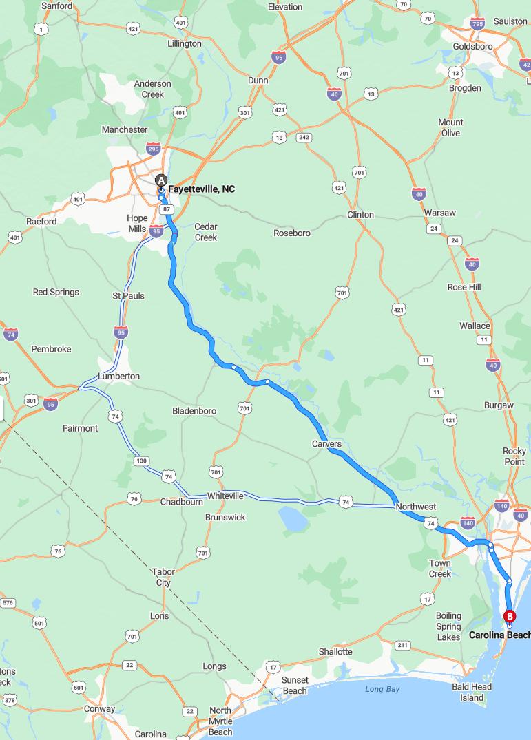driving from Fayetteville, North Carolina to Carolina BeachNorth Carolina - map and route