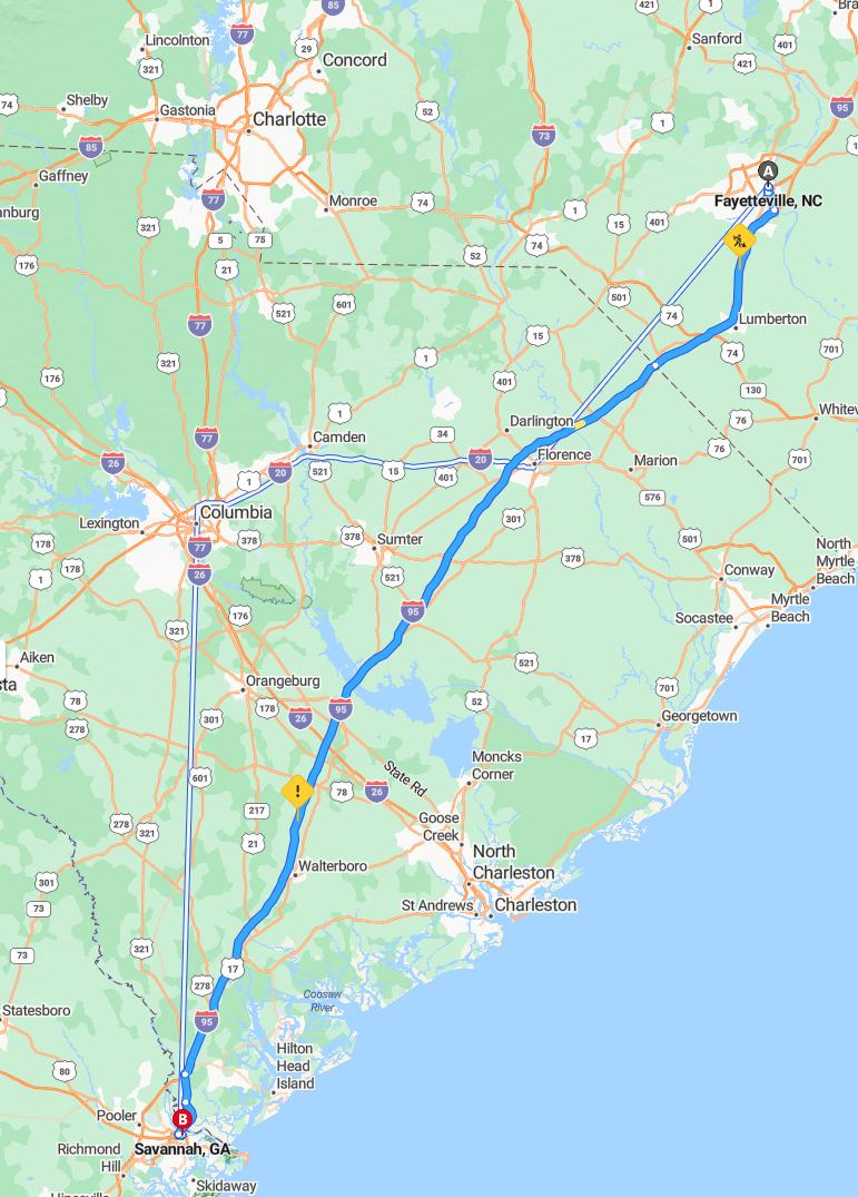 driving from Fayetteville, North Carolina to SavannahGeorgia - map and route