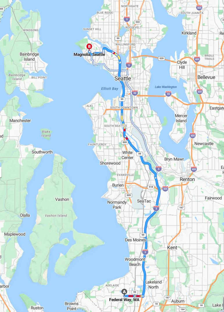 driving from Federal Way, Washington to MagnoliaWashington - map and route