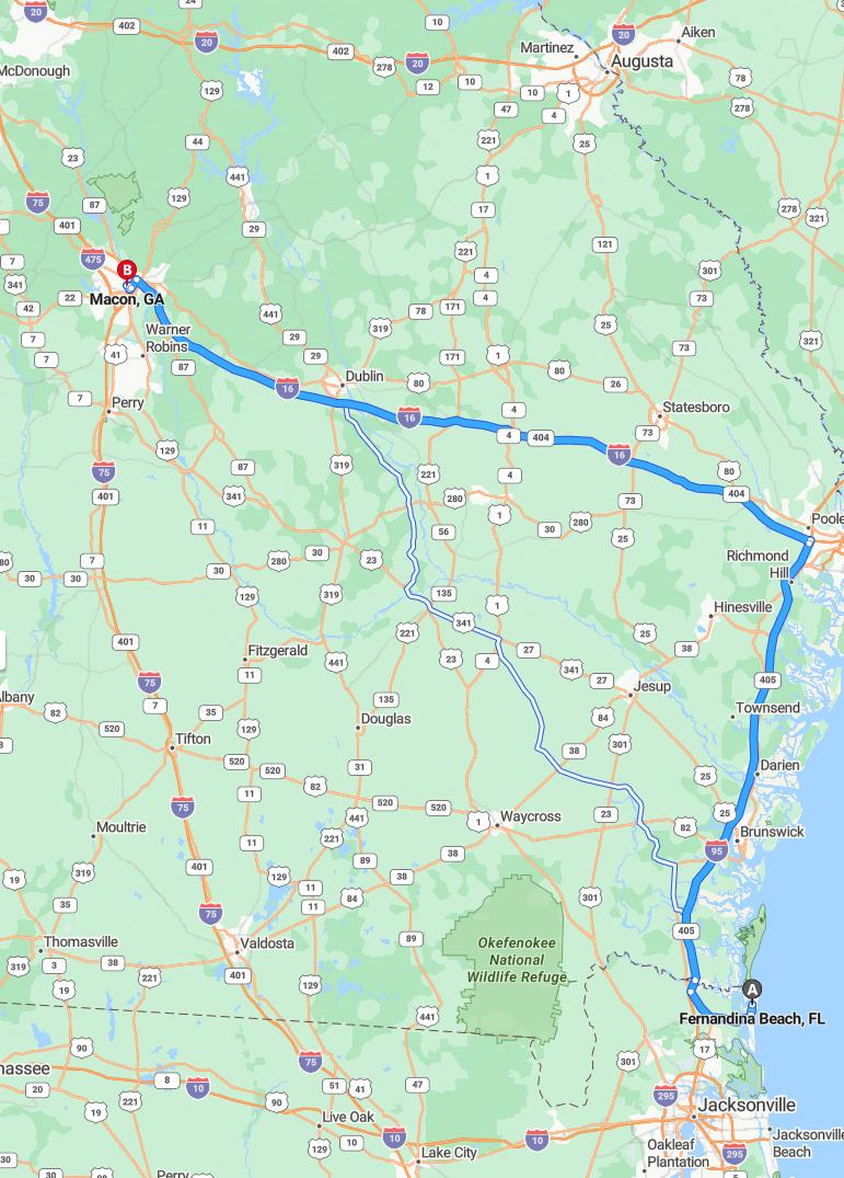 driving from Fernandina Beach, Florida to MaconGeorgia - map and route