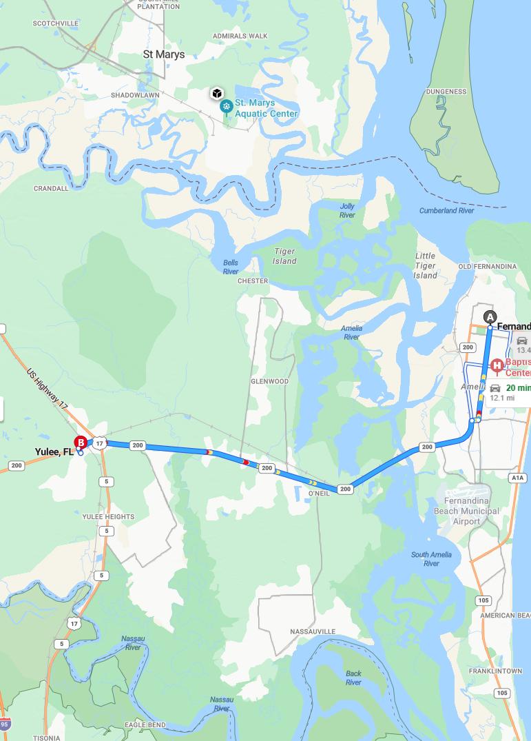 driving from Fernandina Beach, Florida to YuleeFlorida - map and route