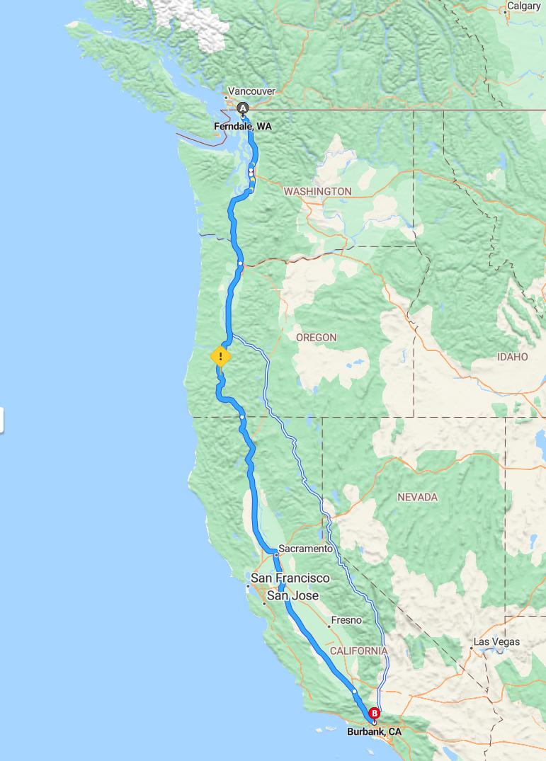 driving from Ferndale, Washington to BurbankCalifornia - map and route