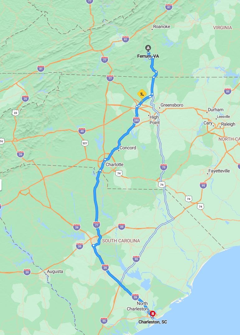 driving from Ferrum, Virginia to CharlestonSouth Carolina - map and route