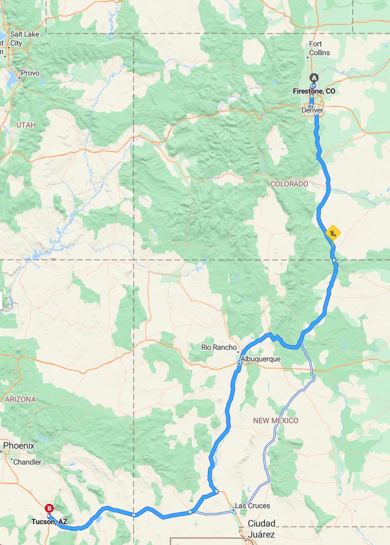 driving from Firestone, Colorado to TucsonArizona - map and route