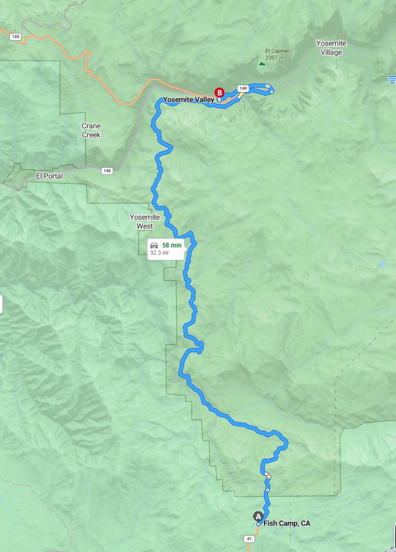 driving from Fish Camp, California to Yosemite ValleyCalifornia - map and route
