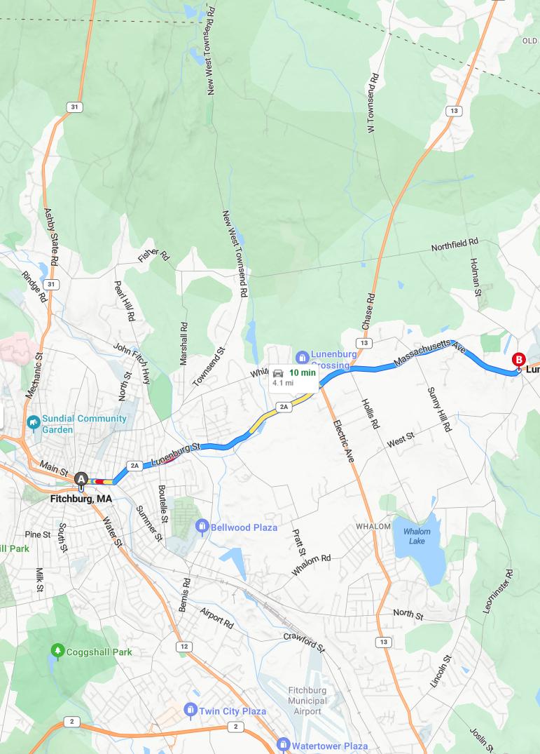 driving from Fitchburg, Massachusetts to LunenburgMassachusetts - map and route