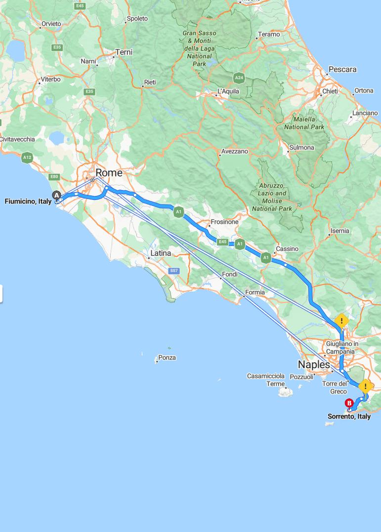 driving from Fiumicino, Lazio to SorrentoCampania - map and route