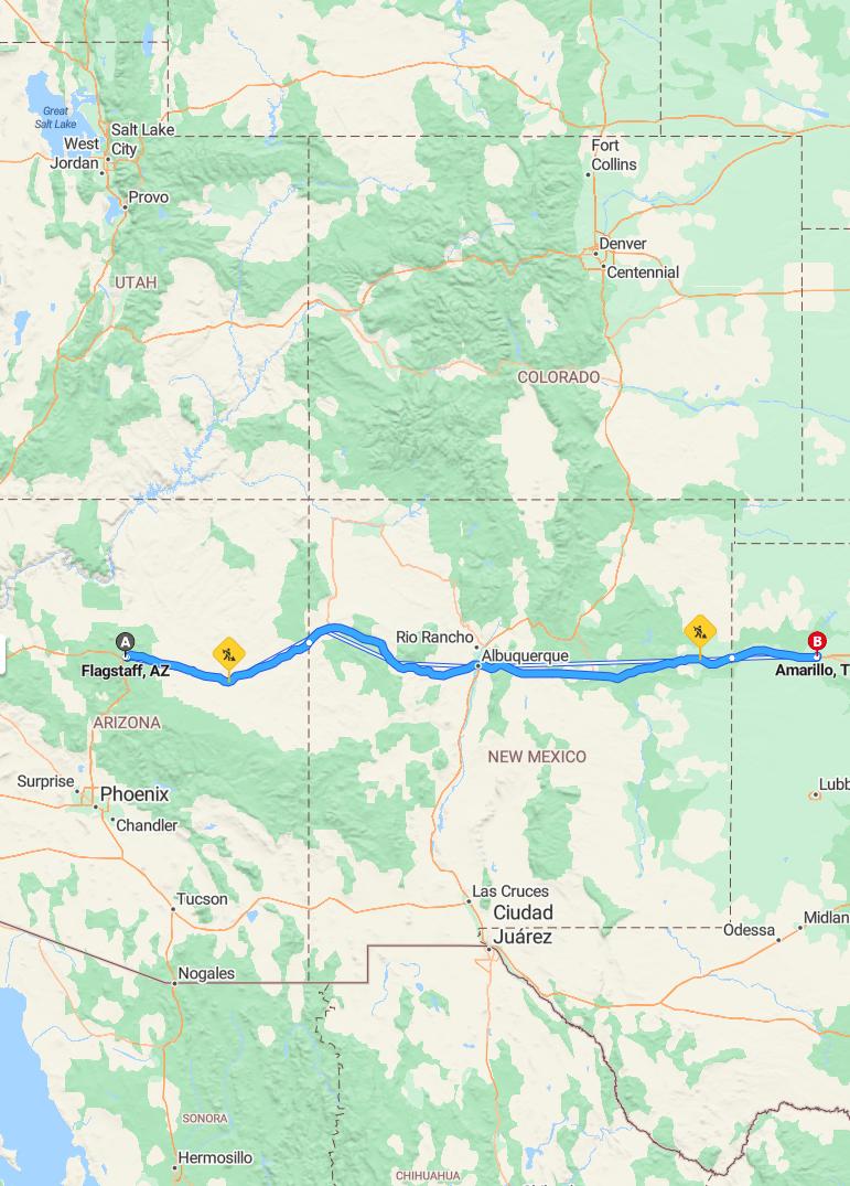 driving from Flagstaff, Arizona to AmarilloTexas - map and route