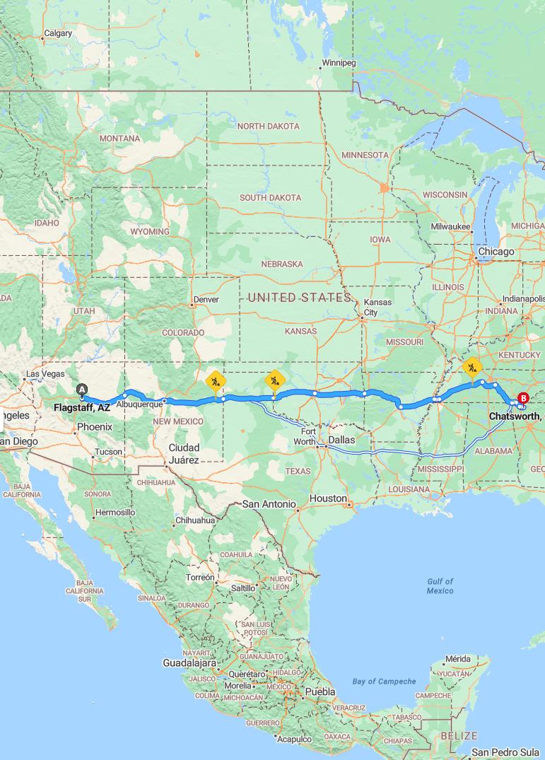 driving from Flagstaff, Arizona to ChatsworthGeorgia - map and route