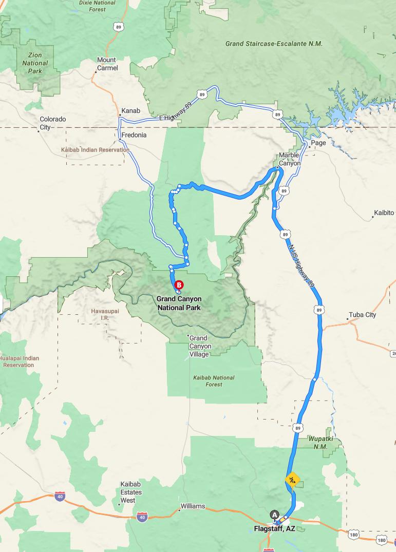 driving from Flagstaff, Arizona to Grand Canyon South RimArizona - map and route