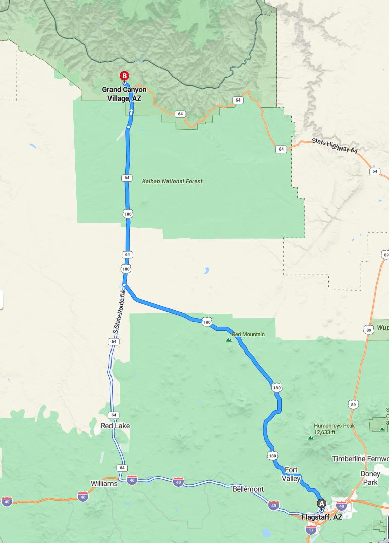 driving from Flagstaff, Arizona to Grand Canyon VillageArizona - map and route