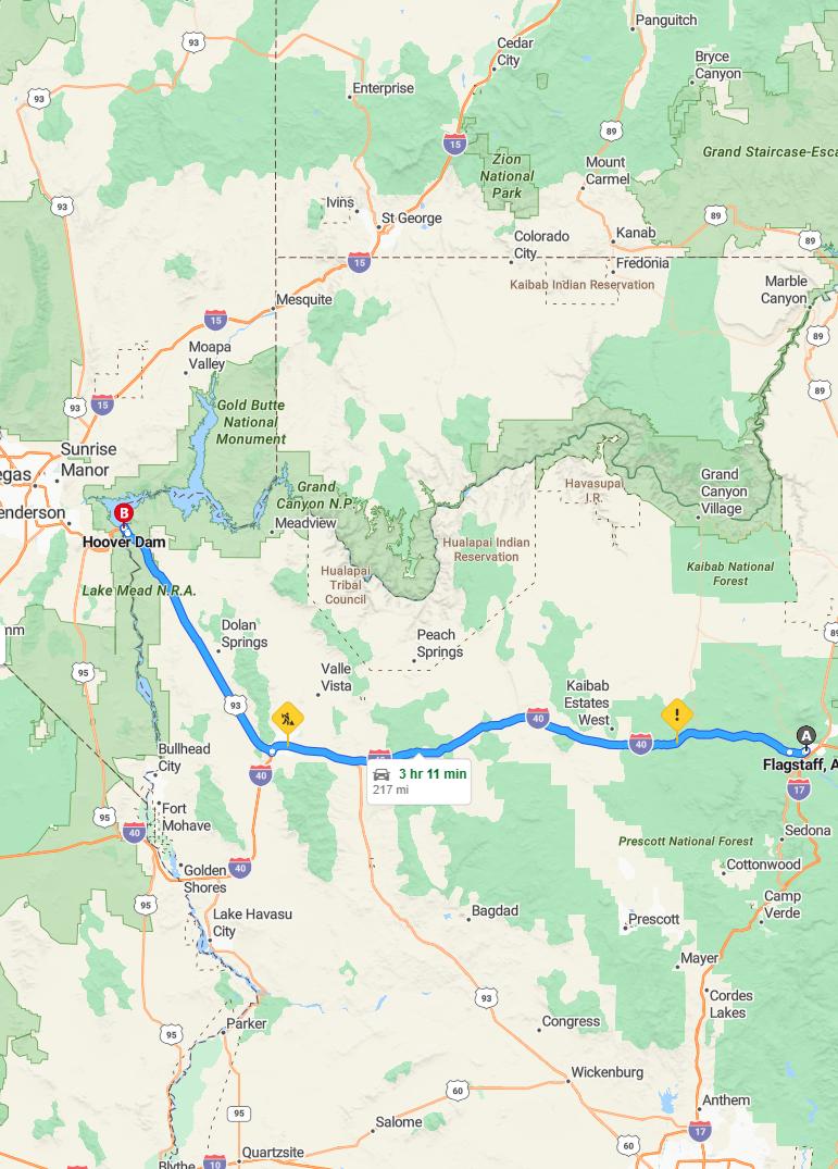 driving from Flagstaff, Arizona to Hoover DamNevada - map and route