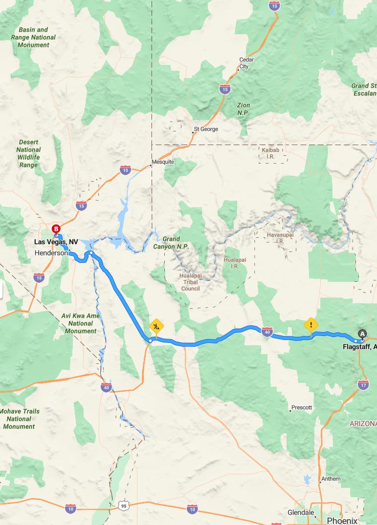 driving from Flagstaff, Arizona to Las VegasNevada - map and route
