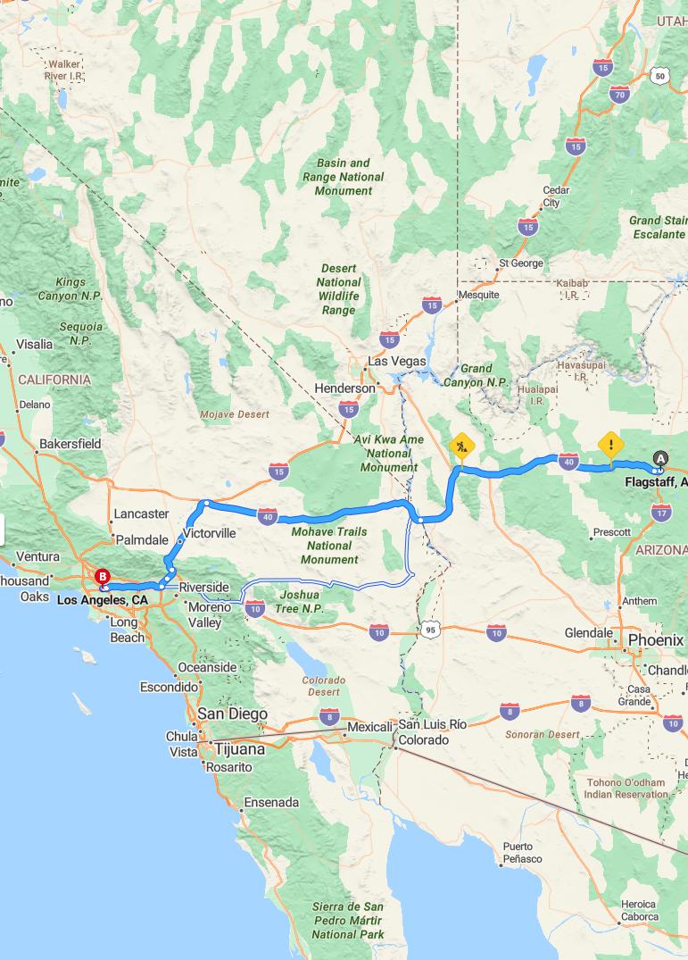 driving from Flagstaff, Arizona to Los AngelesCalifornia - map and route
