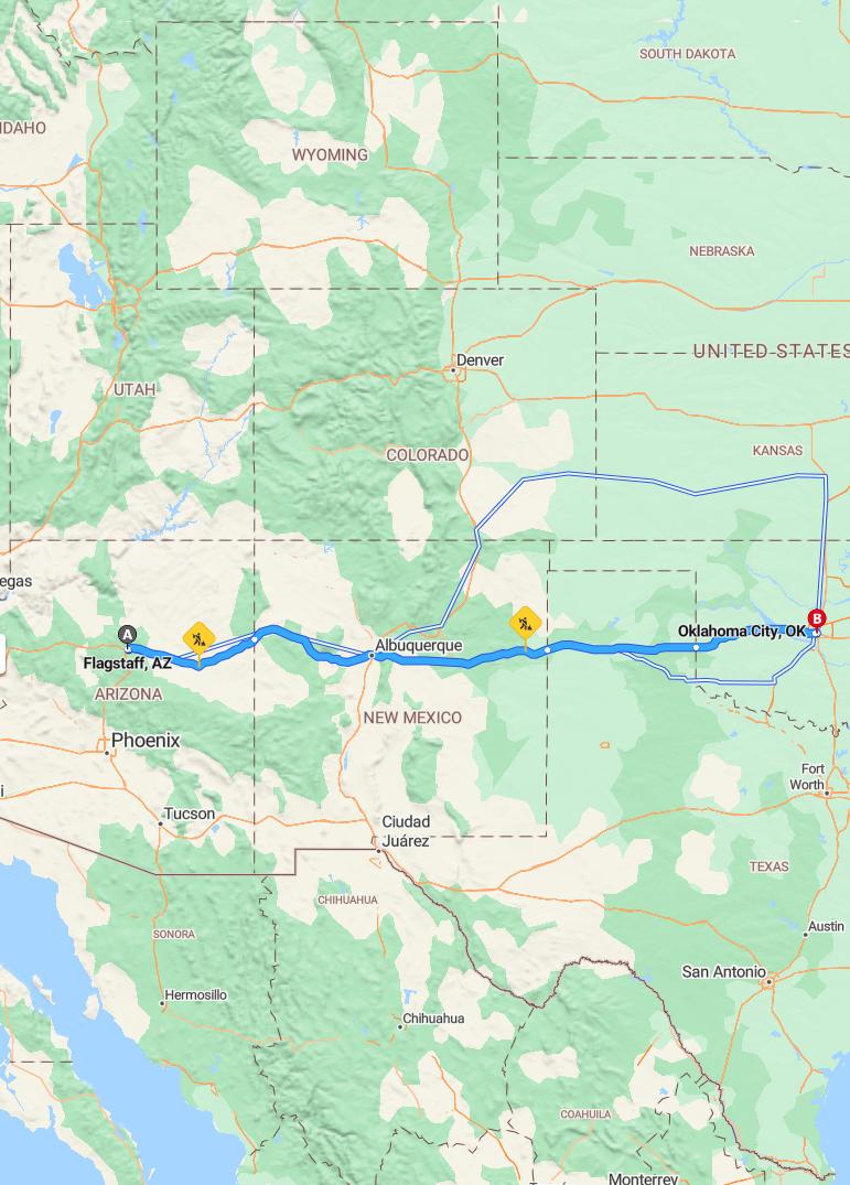 driving from Flagstaff, Arizona to Oklahoma CityOklahoma - map and route