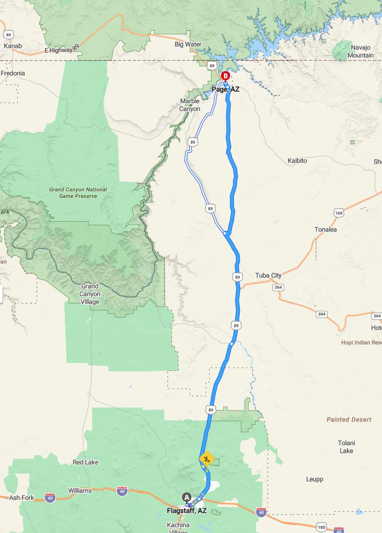 driving from Flagstaff, Arizona to PageArizona - map and route