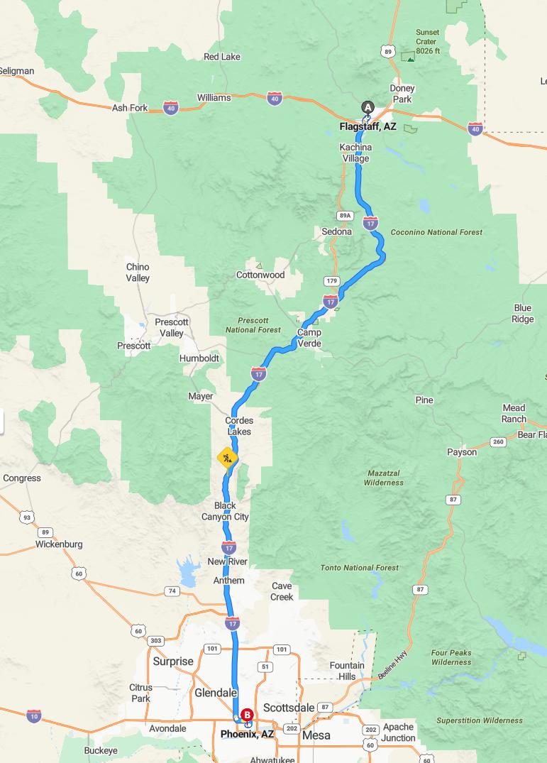 driving from Flagstaff, Arizona to PhoenixArizona - map and route