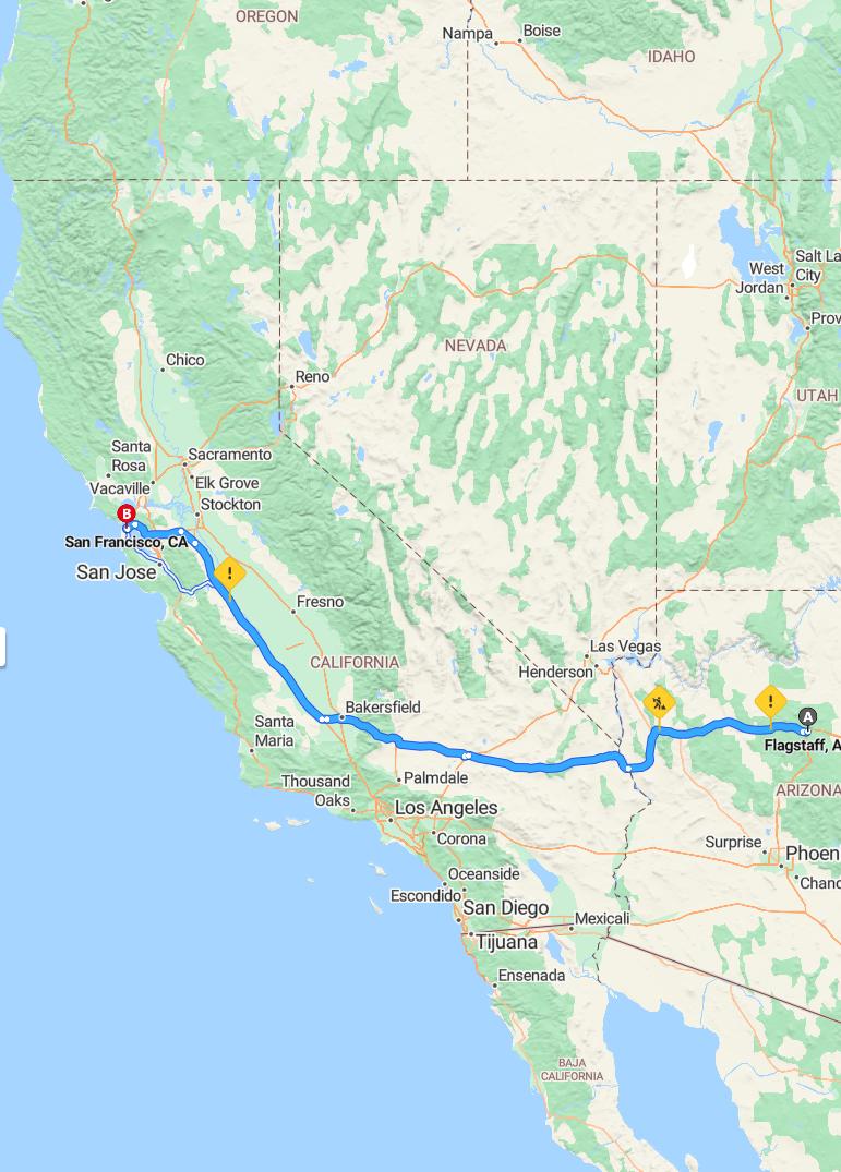 driving from Flagstaff, Arizona to San FranciscoCalifornia - map and route
