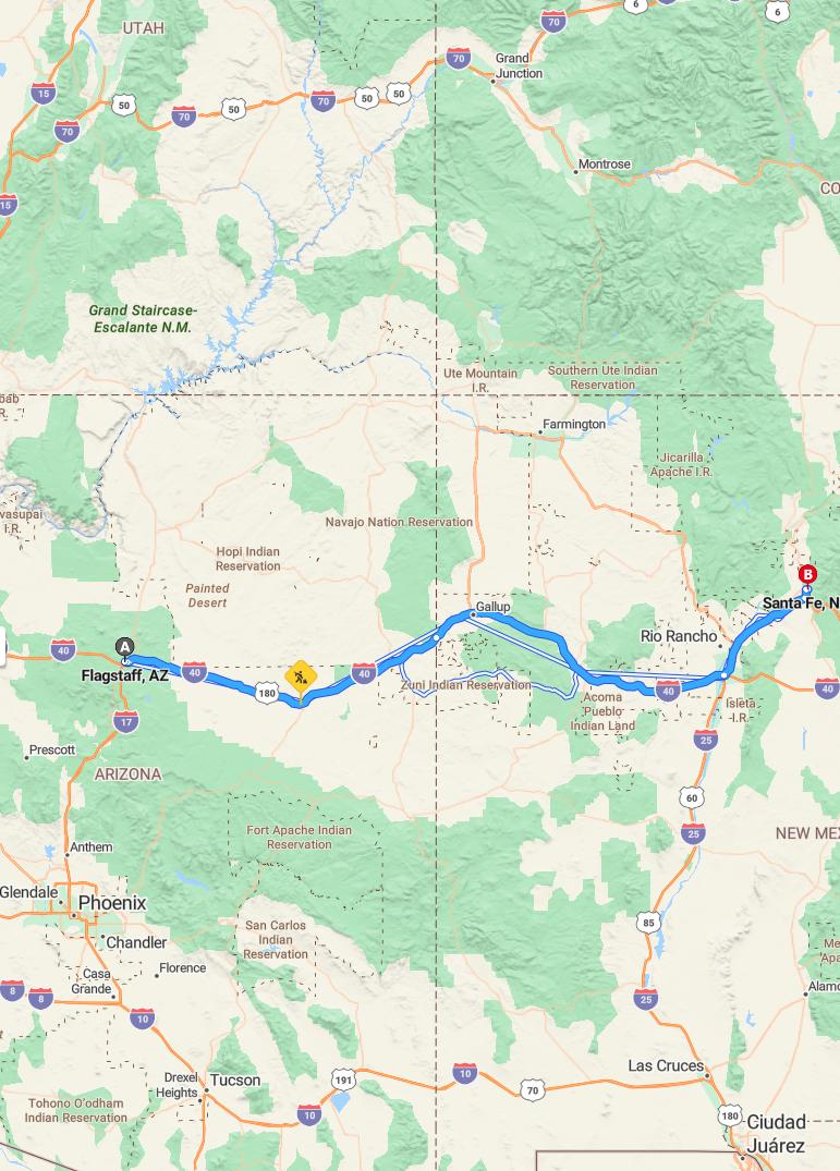 driving from Flagstaff, Arizona to Santa FeNew Mexico - map and route