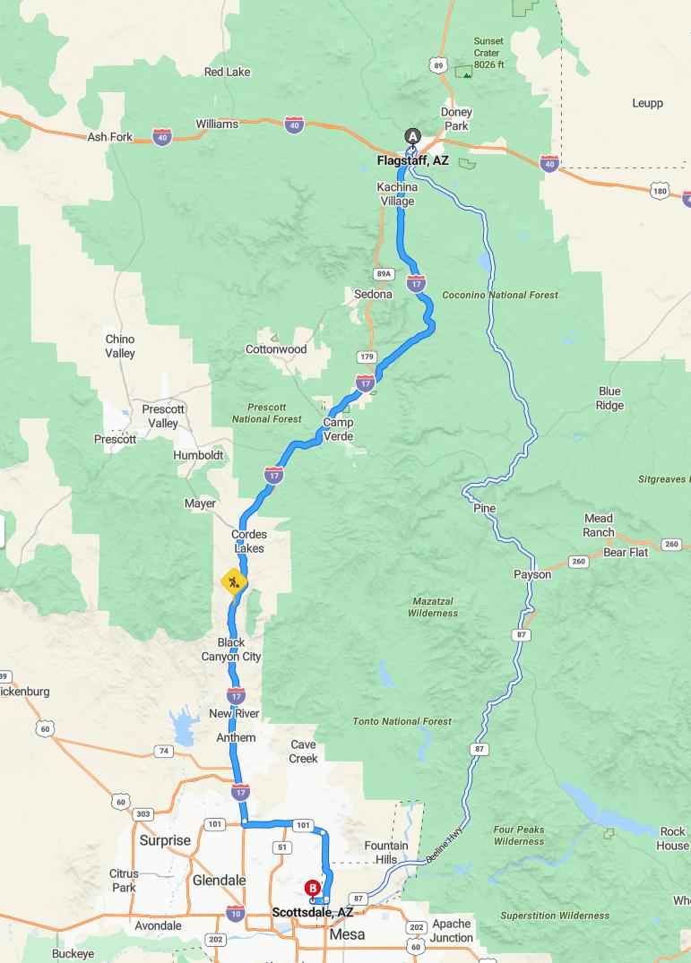 driving from Flagstaff, Arizona to ScottsdaleArizona - map and route