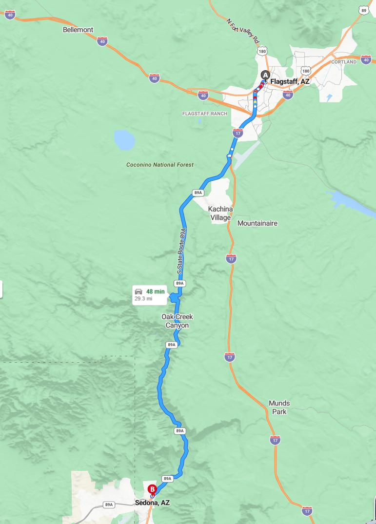 driving from Flagstaff, Arizona to SedonaArizona - map and route