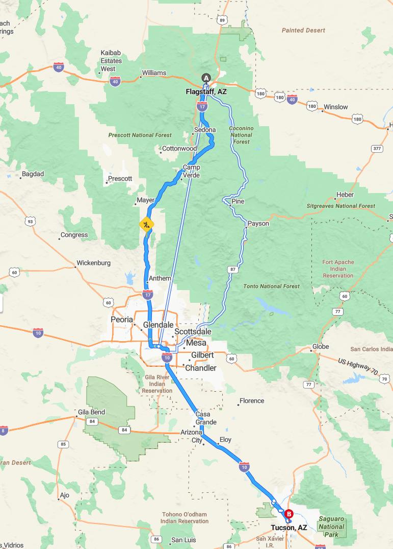driving from Flagstaff, Arizona to TucsonArizona - map and route