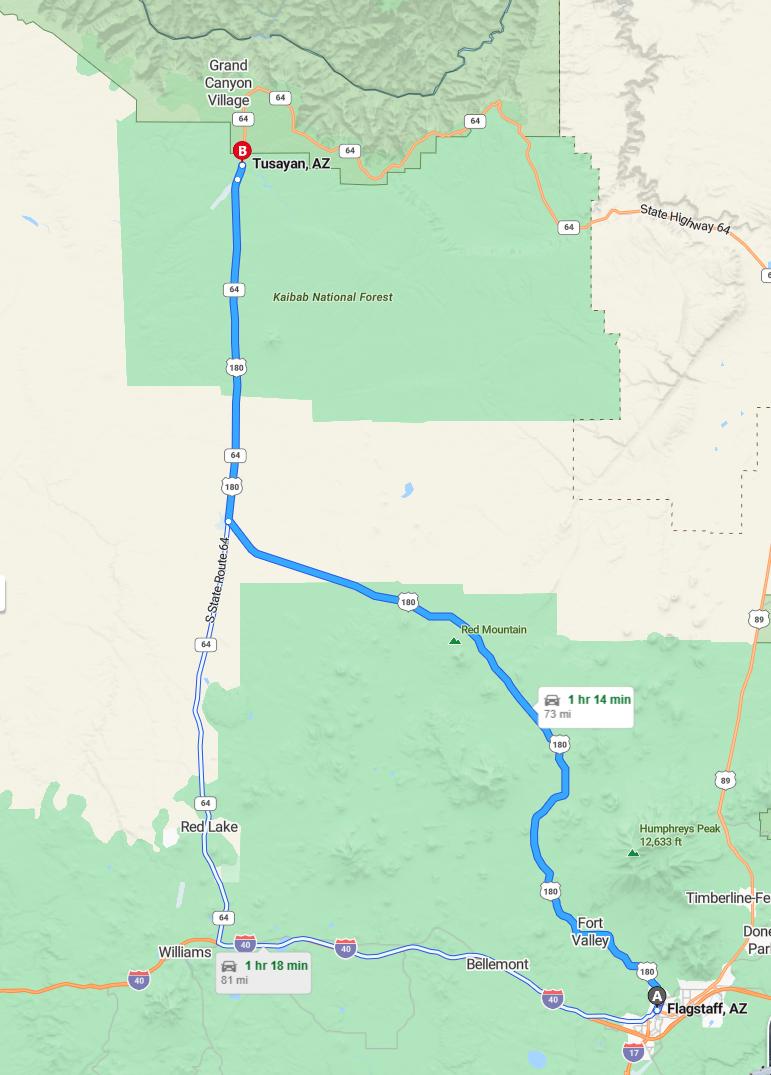 driving from Flagstaff, Arizona to TusayanArizona - map and route