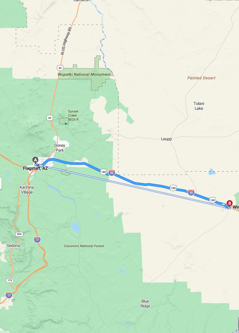 driving from Flagstaff, Arizona to WinslowArizona - map and route