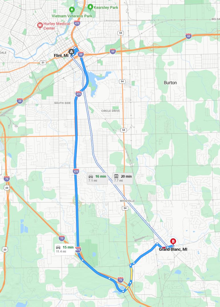 driving from Flint, Michigan to Grand BlancMichigan - map and route