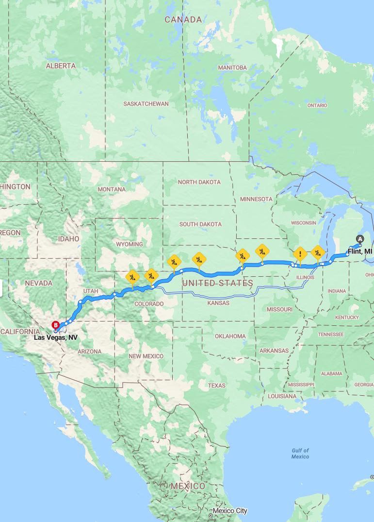 driving from Flint, Michigan to Las VegasNevada - map and route