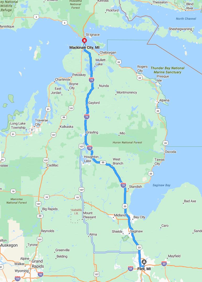 driving from Flint, Michigan to Mackinaw CityMichigan - map and route