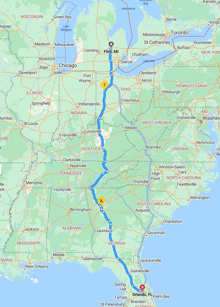 driving from Flint, Michigan to OrlandoFlorida - map and route