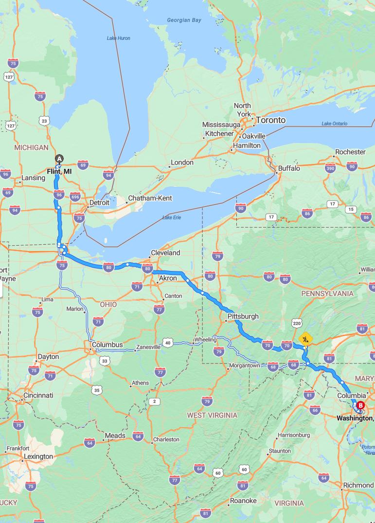 driving from Flint, Michigan to WashingtonDistrict of Columbia - map and route