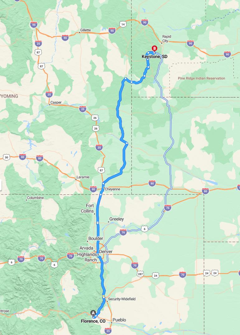 driving from Florence, Colorado to KeystoneSouth Dakota - map and route