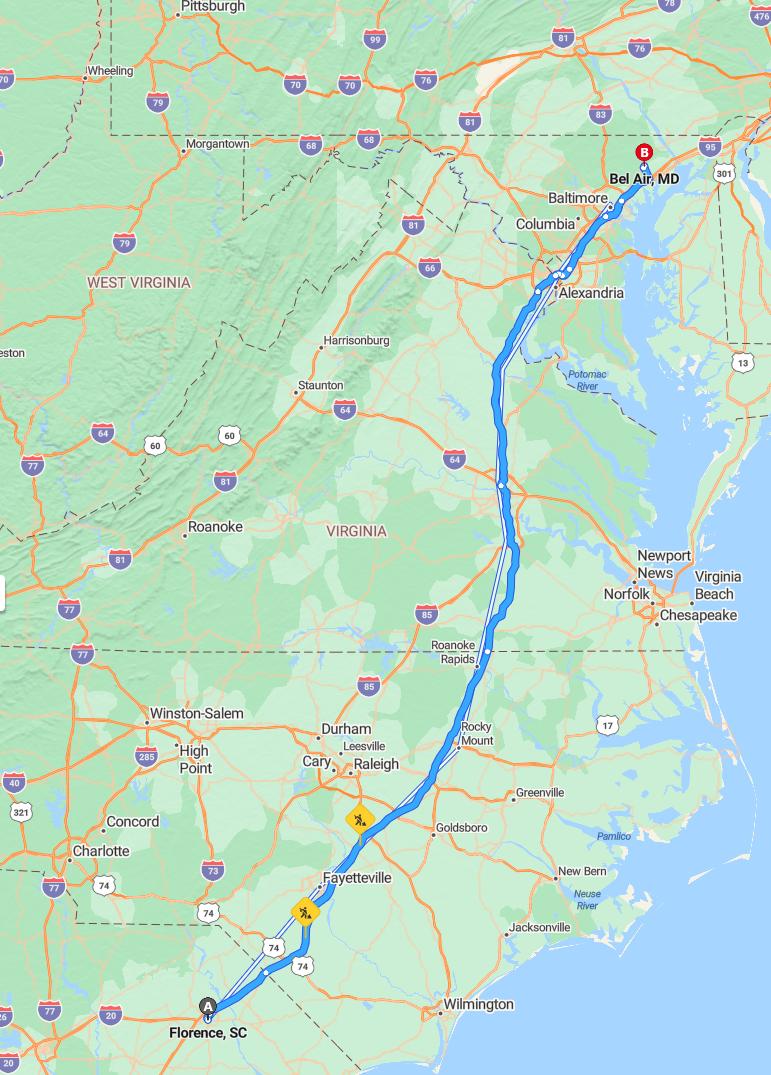driving from Florence, South Carolina to Bel AirMaryland - map and route