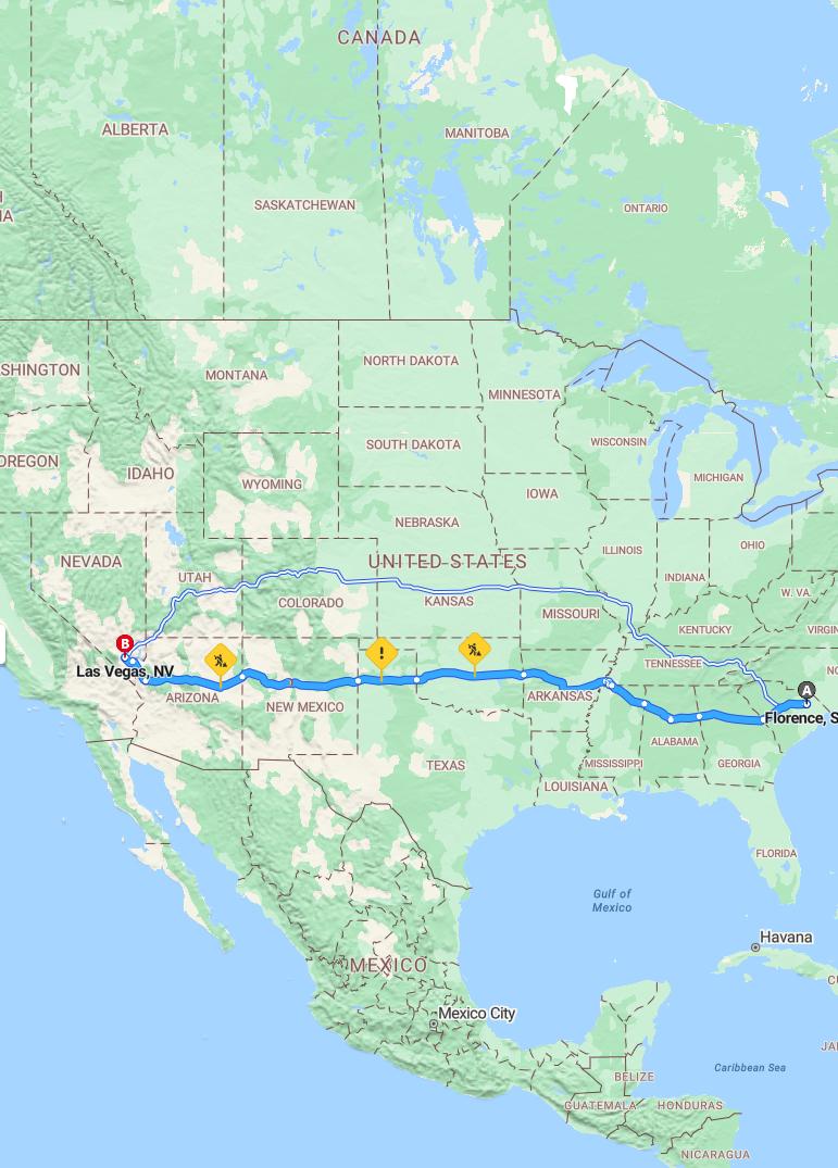 driving from Florence, South Carolina to Las VegasNevada - map and route