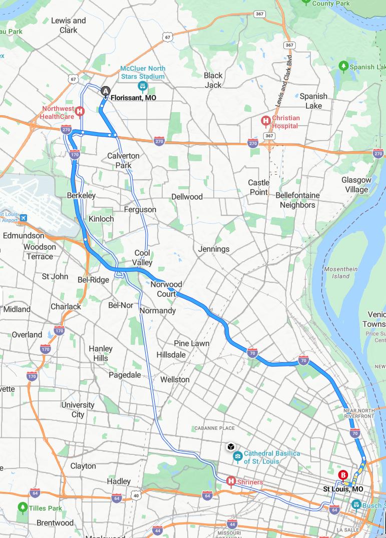 driving from Florissant, Missouri to Saint LouisMissouri - map and route