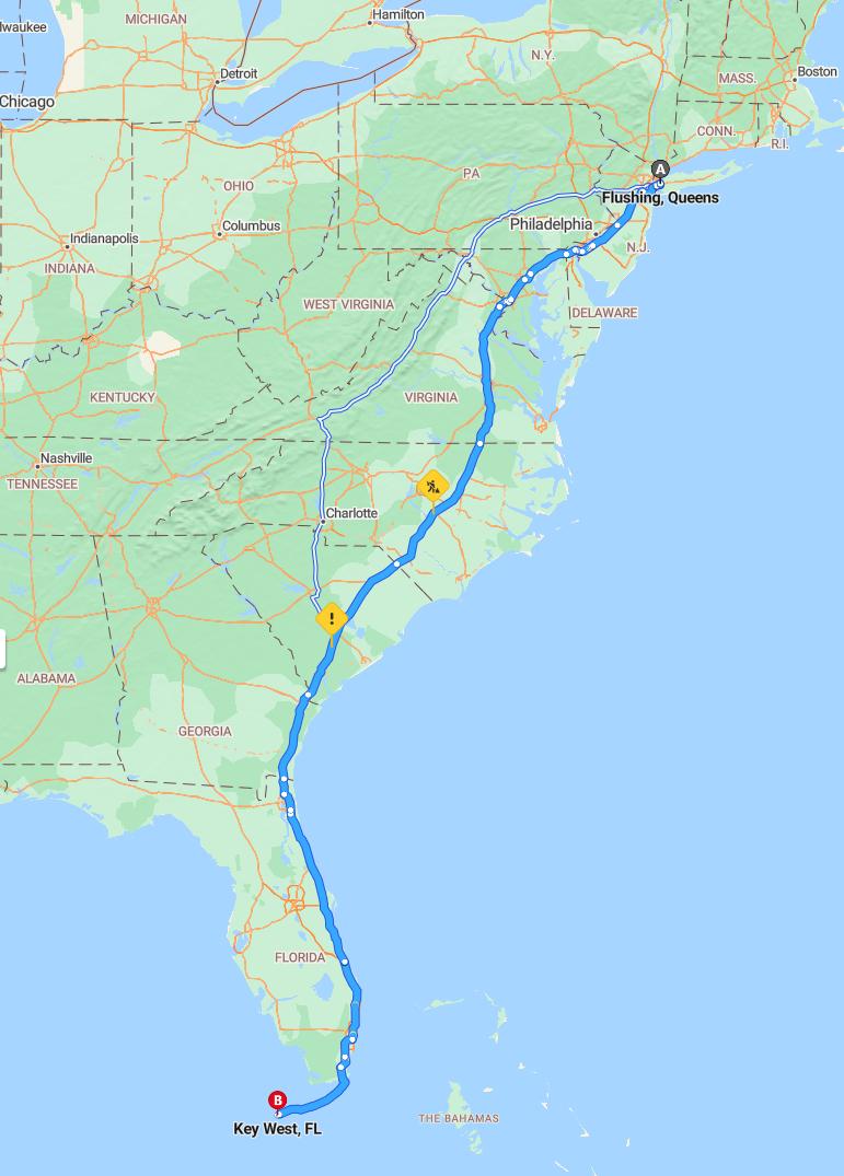 driving from Flushing, New York to Key WestFlorida - map and route