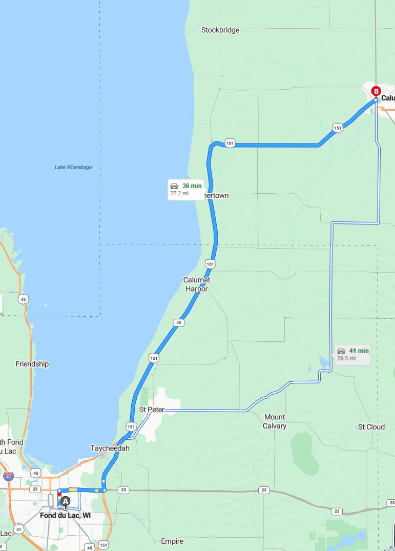 driving from Fond du Lac, Wisconsin to -Calumet County - map and route