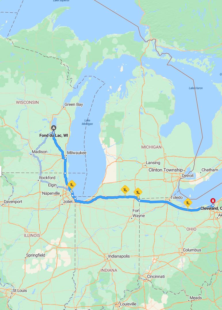 driving from Fond du Lac, Wisconsin to ClevelandOhio - map and route
