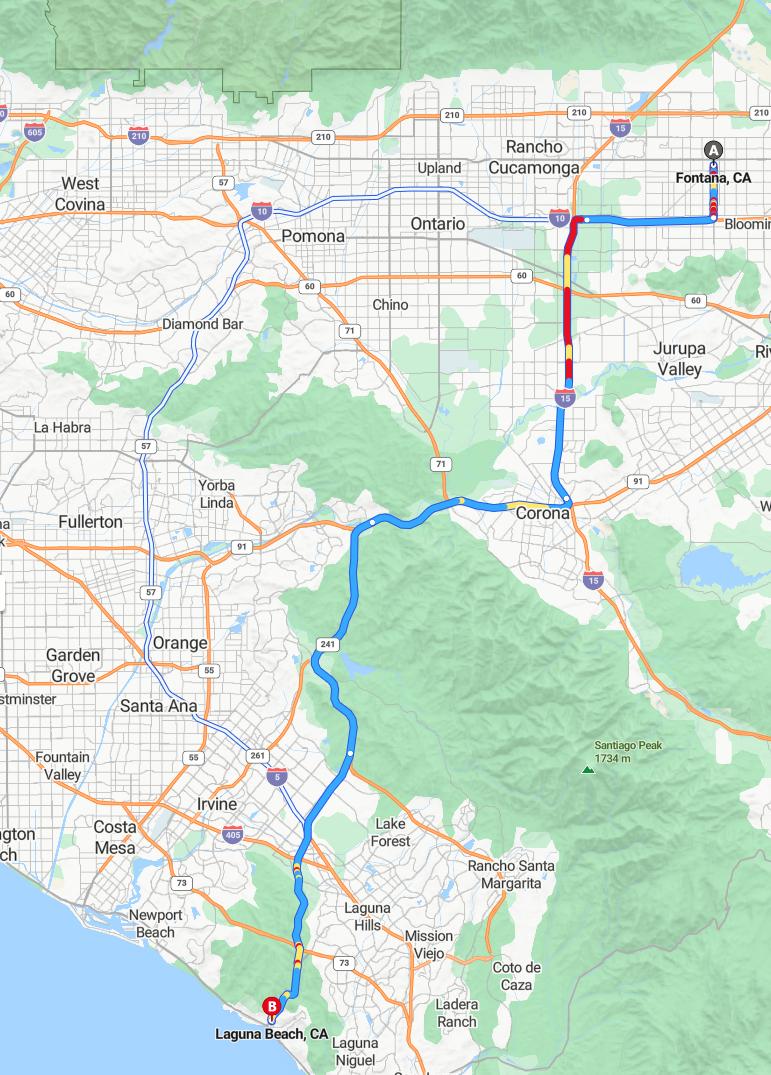 driving from Fontana, California to Laguna BeachCalifornia - map and route