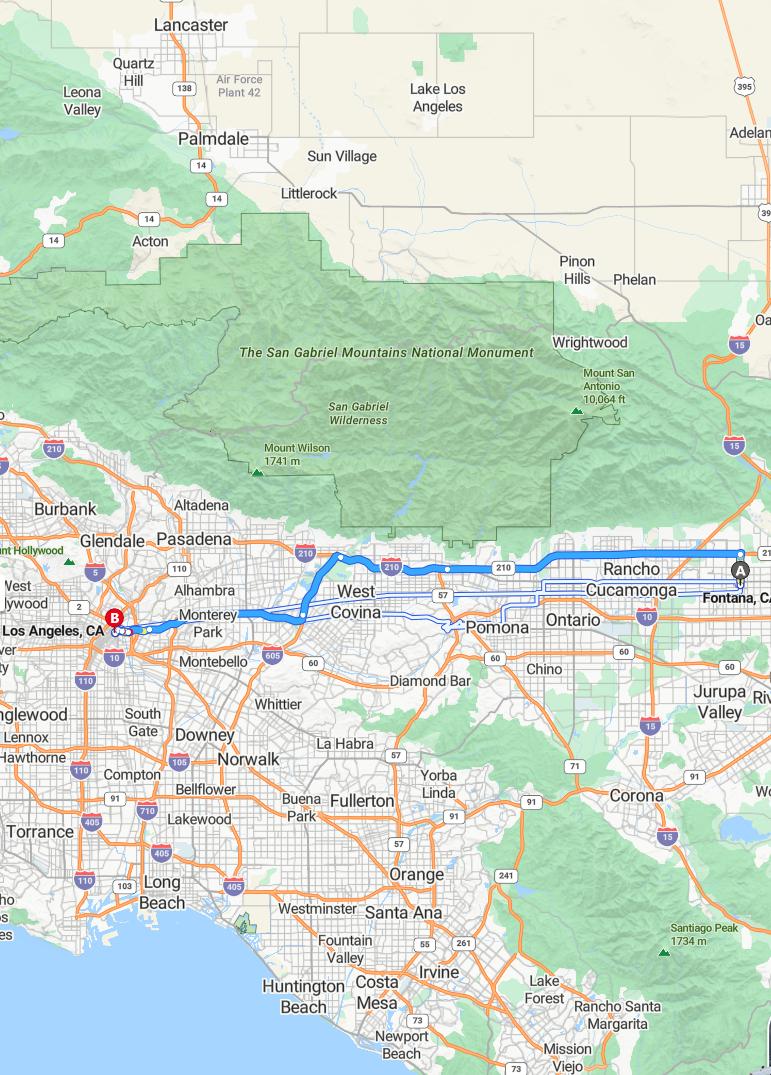 driving from Fontana, California to Los AngelesCalifornia - map and route