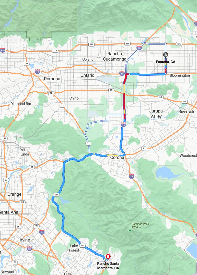 driving from Fontana, California to Rancho Santa MargaritaCalifornia - map and route
