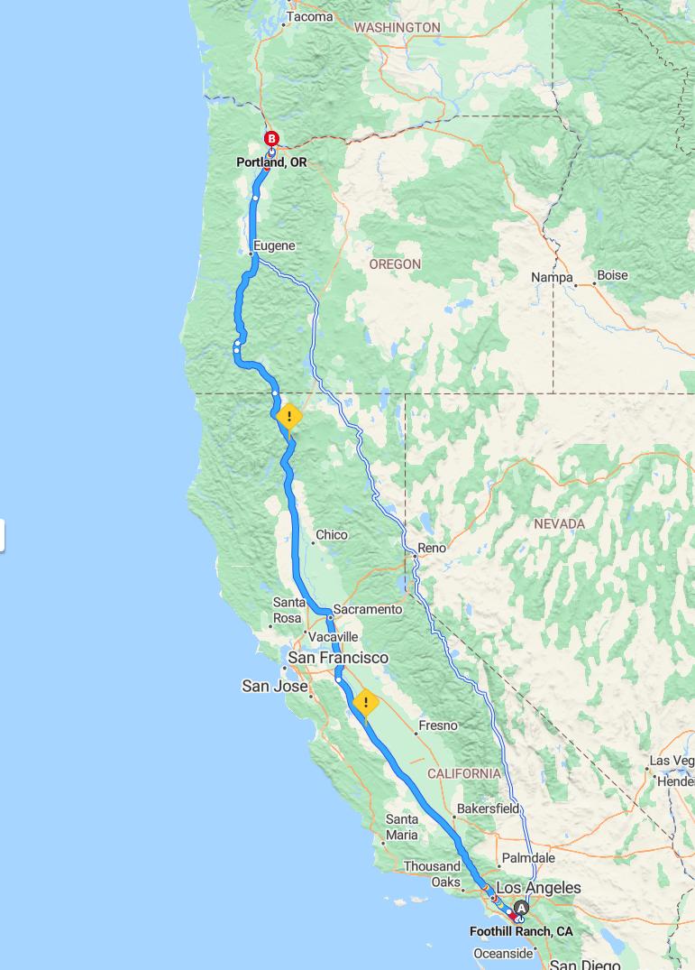 driving from Foothill Ranch, California to PortlandOregon - map and route