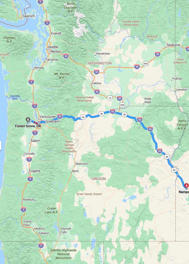 driving from Forest Grove, Oregon to NampaIdaho - map and route