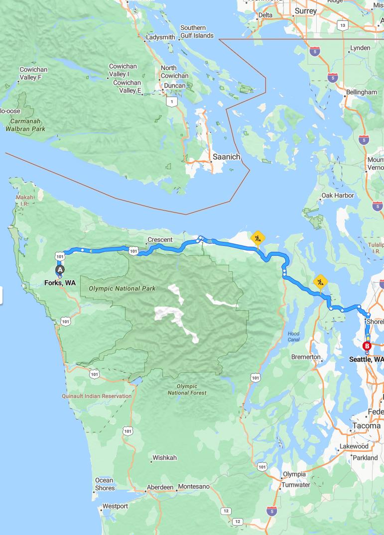 driving from Forks, Washington to SeattleWashington - map and route